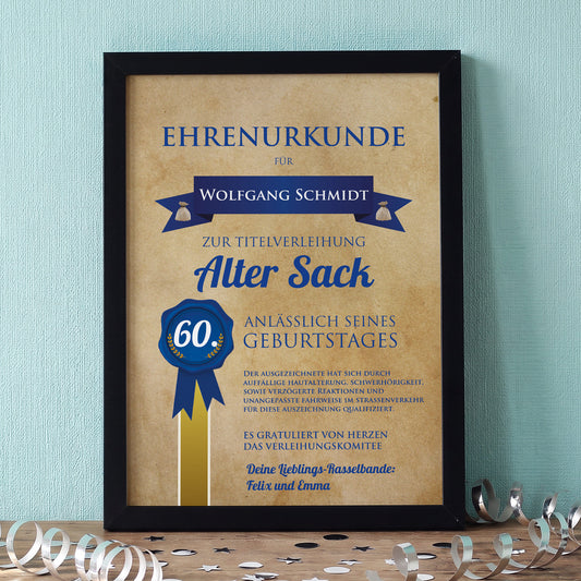 Ehrenurkunde Alter Sack im Bilderrahmen mit Name, Alter und Wunschtext