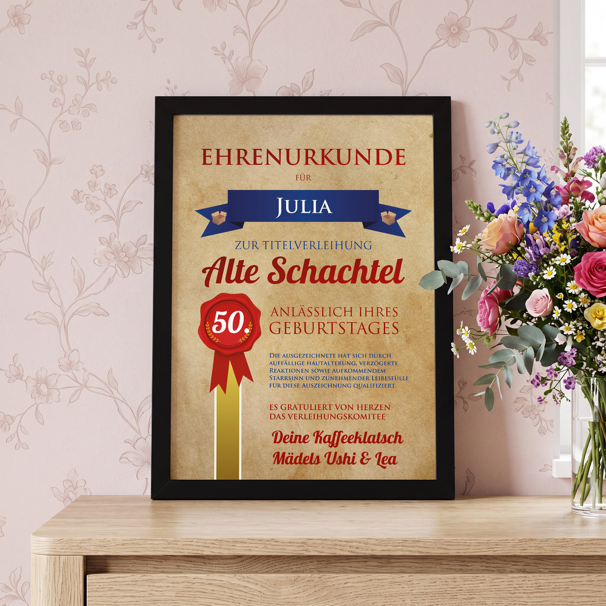 Geburtstagsüberraschung im Bilderrahmen für Alte Schachteln Titelverleihung