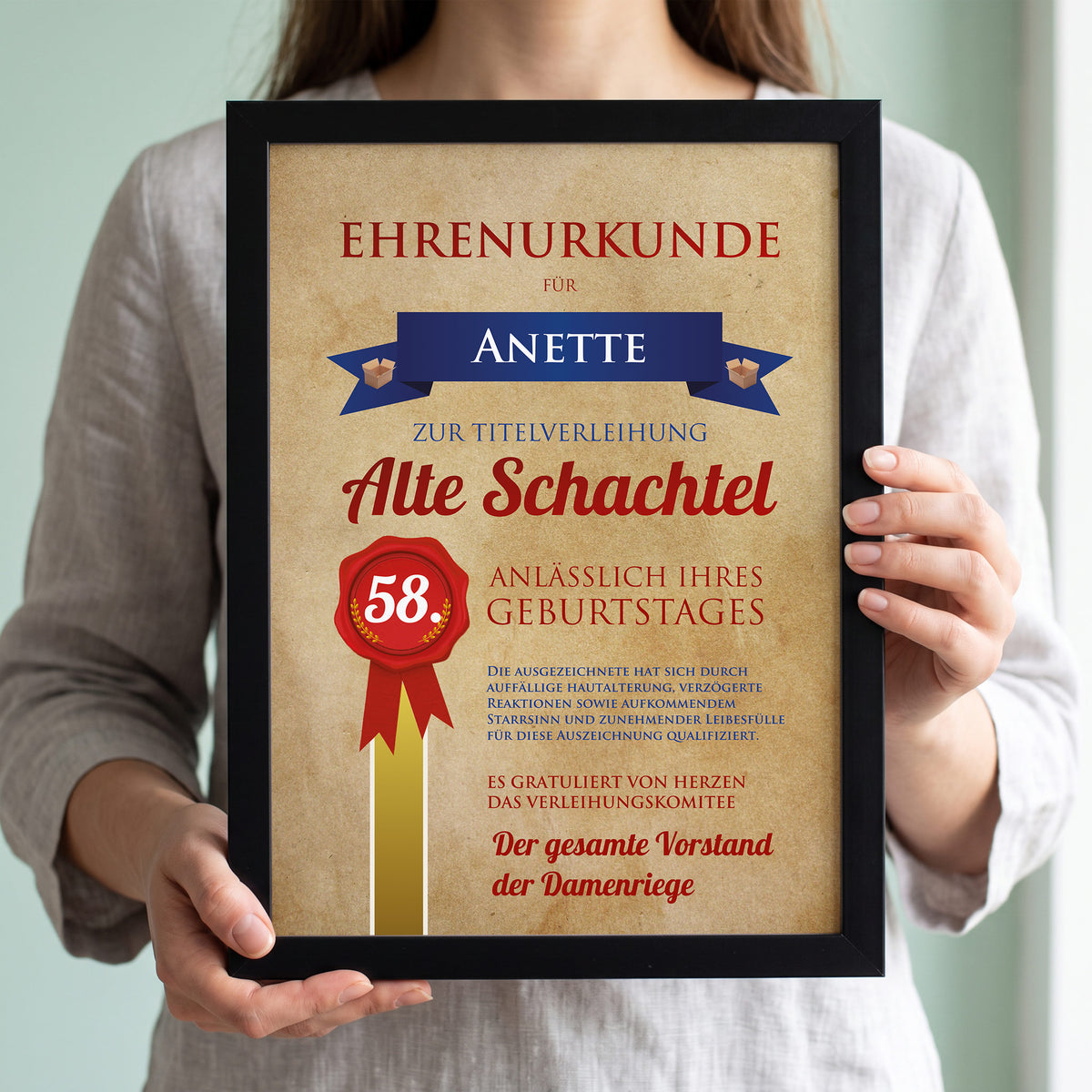 Urkunde zum Geburtstag mit Altersangabe und Wunschname für Alte Schachteln