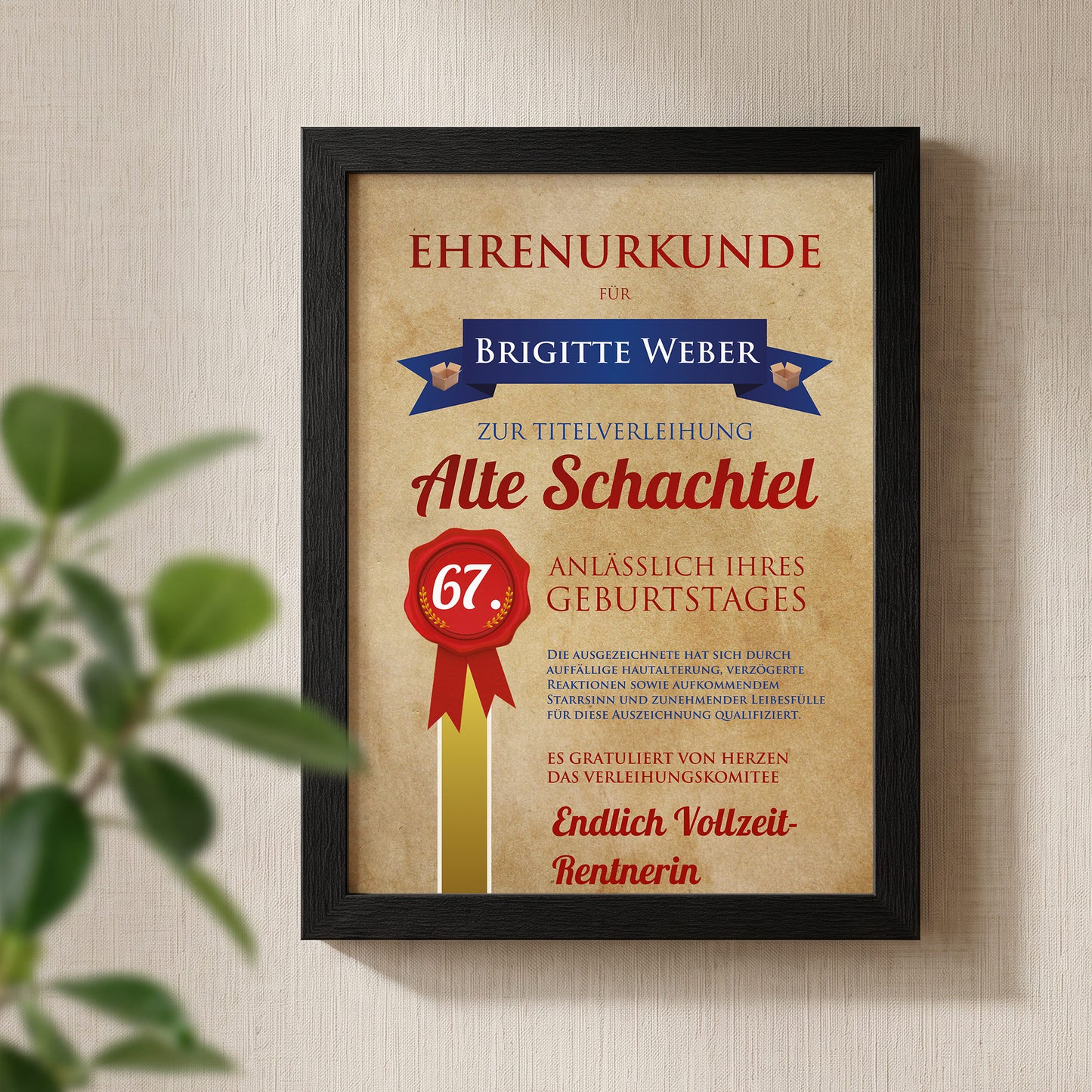 Alte Schachtel Ehrenurkunde zum Geburtstag mit Wunschname, Alter und Glückwünsche