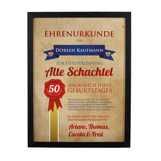 Ehrenurkunde Alte Schachtel im Bilderrahmen