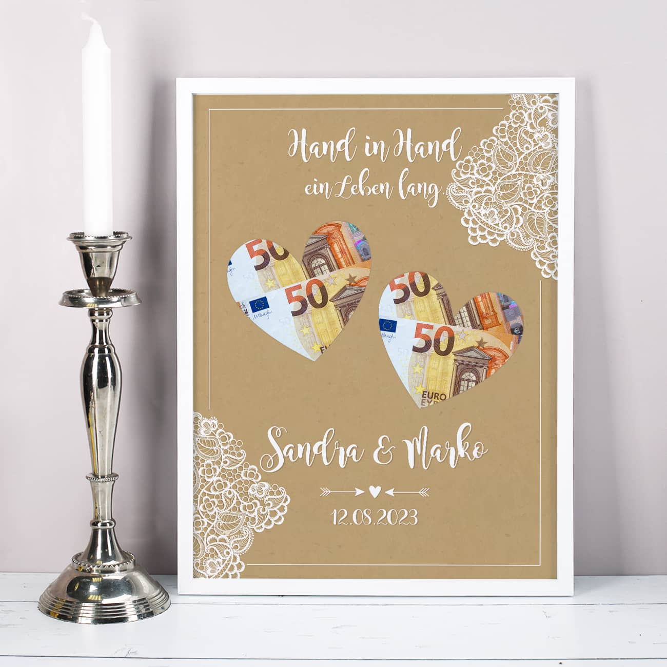Bilderrahmen zur Hochzeit als Geldgeschenk mit Namen & Datum personalisiert