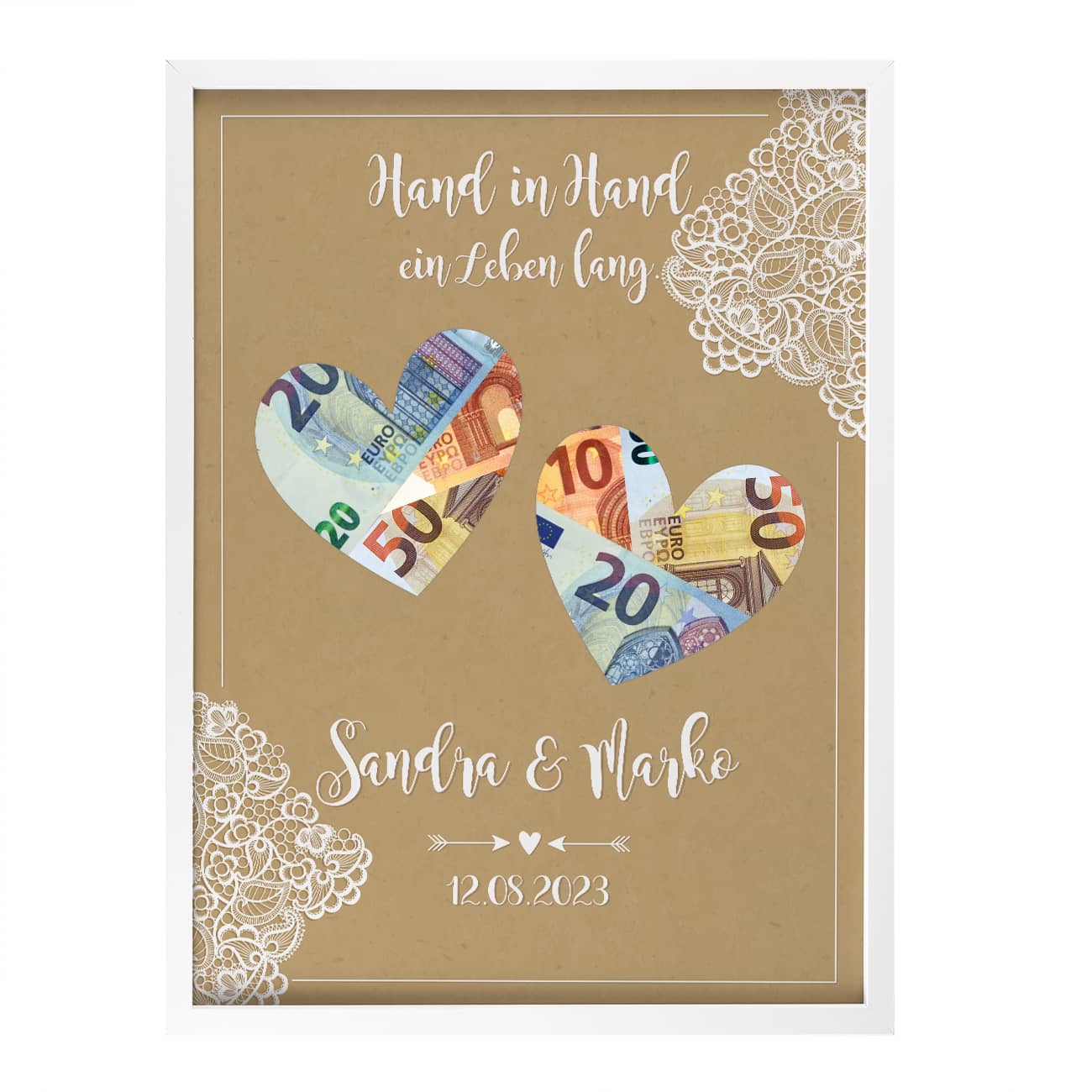 Weißer Bilderrahmen mit Namen und Datum bedruckt