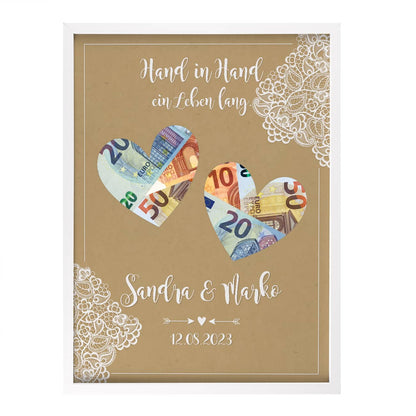 Weißer Bilderrahmen mit Namen und Datum bedruckt