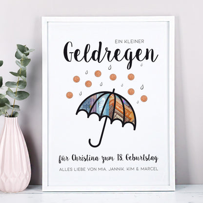 Poster im Detail – Aufschrift „Geldregen“ mit personalisierten Textzeilen darunter