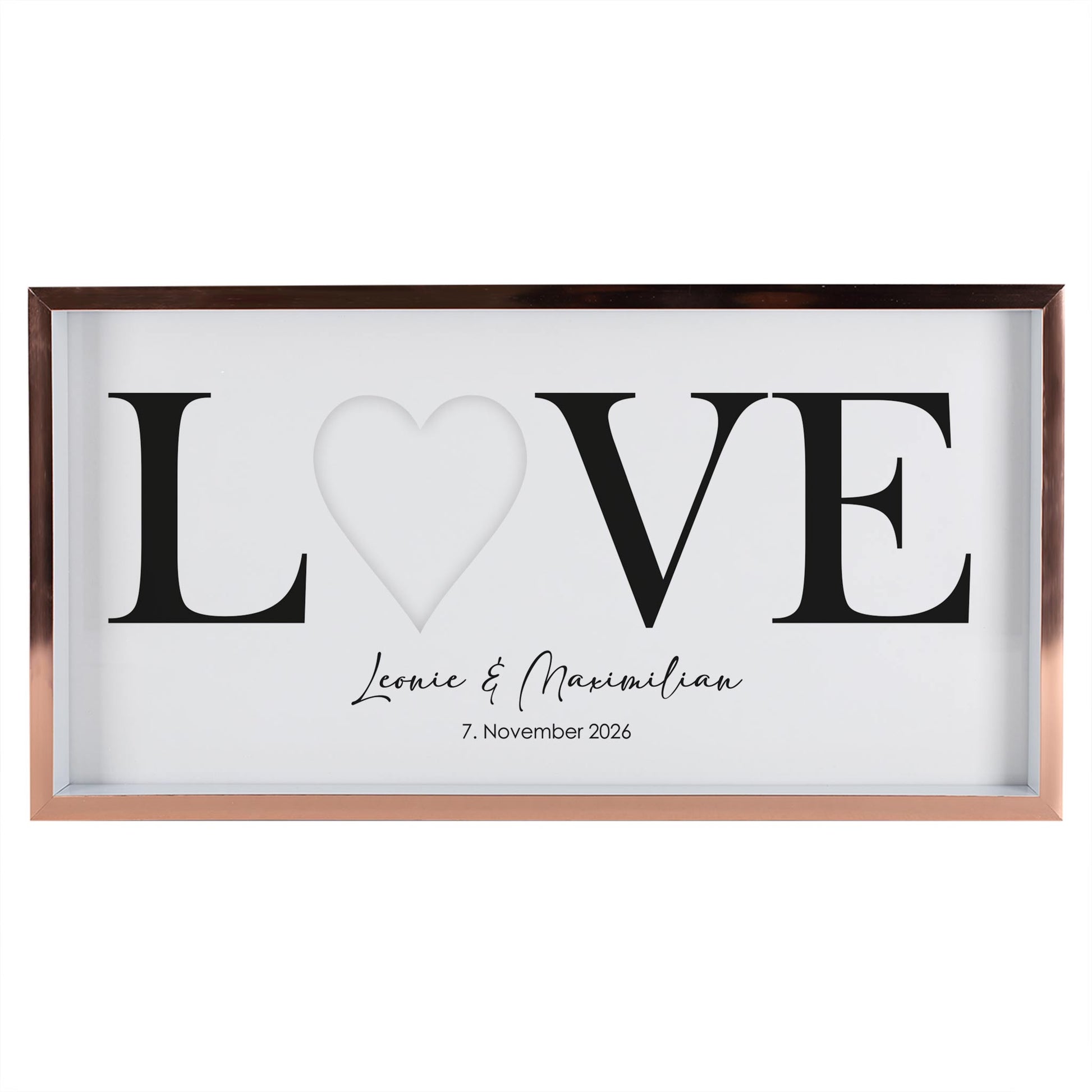 Personalisierter Geldgeschenk Bilderrahmen zur Hochzeit mit LOVE Motiv, Namen Leonie und Maximilian, Datum und leerer Herzöffnung