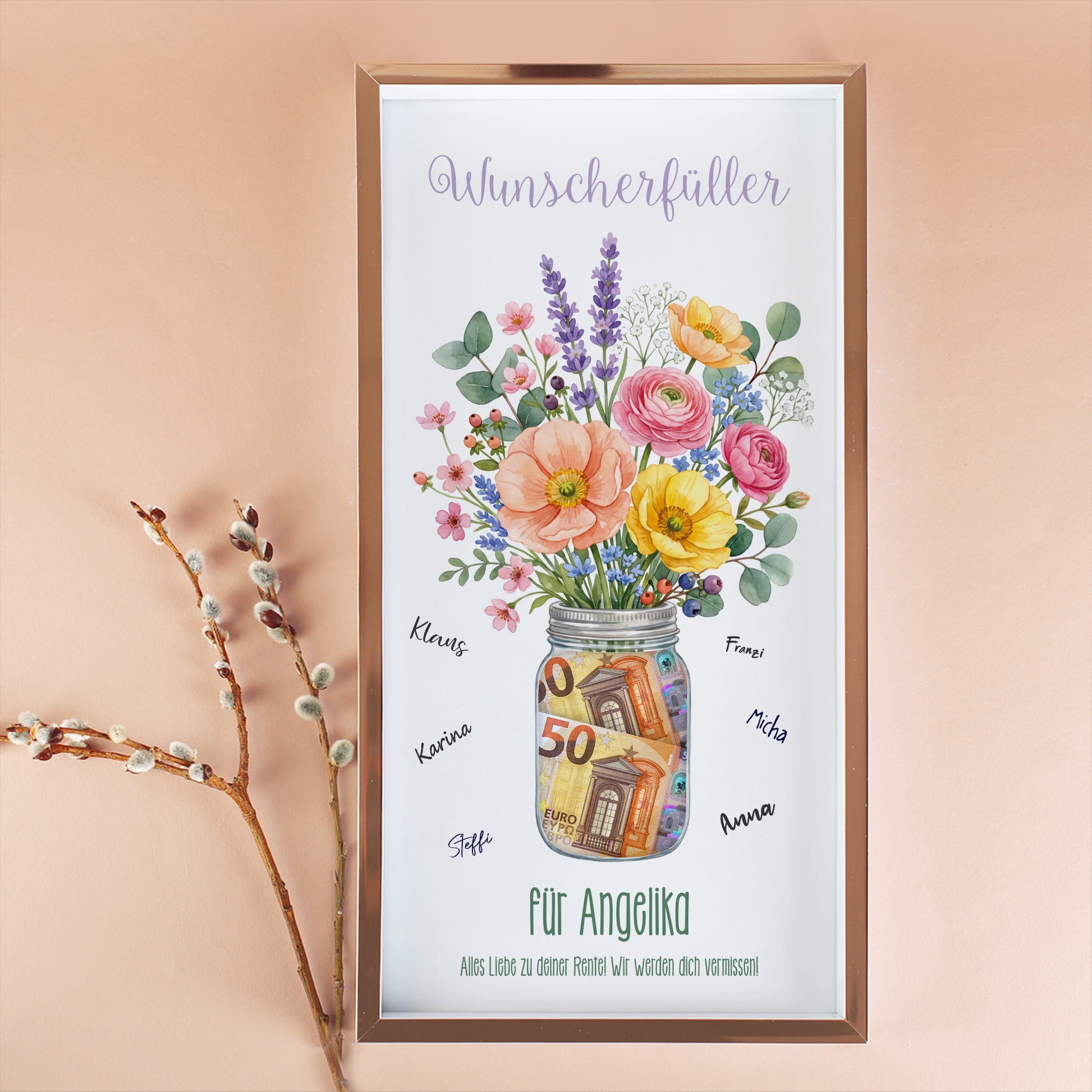 Wunscherfüller Bilderrahmen für Angelika zur Rente mit Blumenstrauß, Geldscheinen im Glas und Namen rund um das Motiv