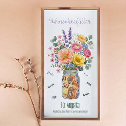 Wunscherfüller Bilderrahmen für Angelika zur Rente mit Blumenstrauß, Geldscheinen im Glas und Namen rund um das Motiv