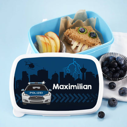 Brotdose mit Skyline, Polizeiauto und Name nach Wunsch bedruckt