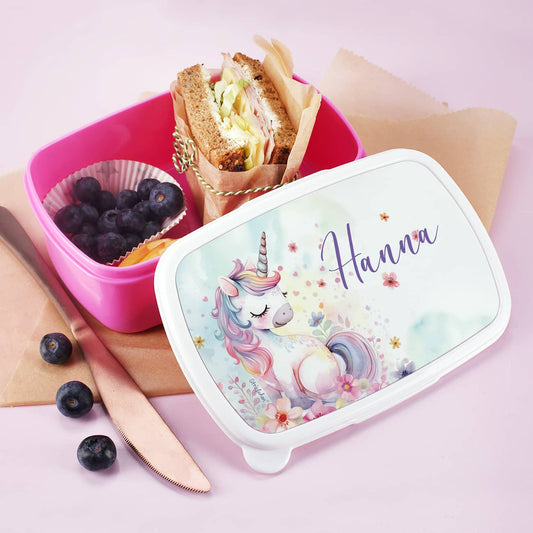 Einhorn Brotdose in pink mit Ihrem Wunschnamen bedruckt
