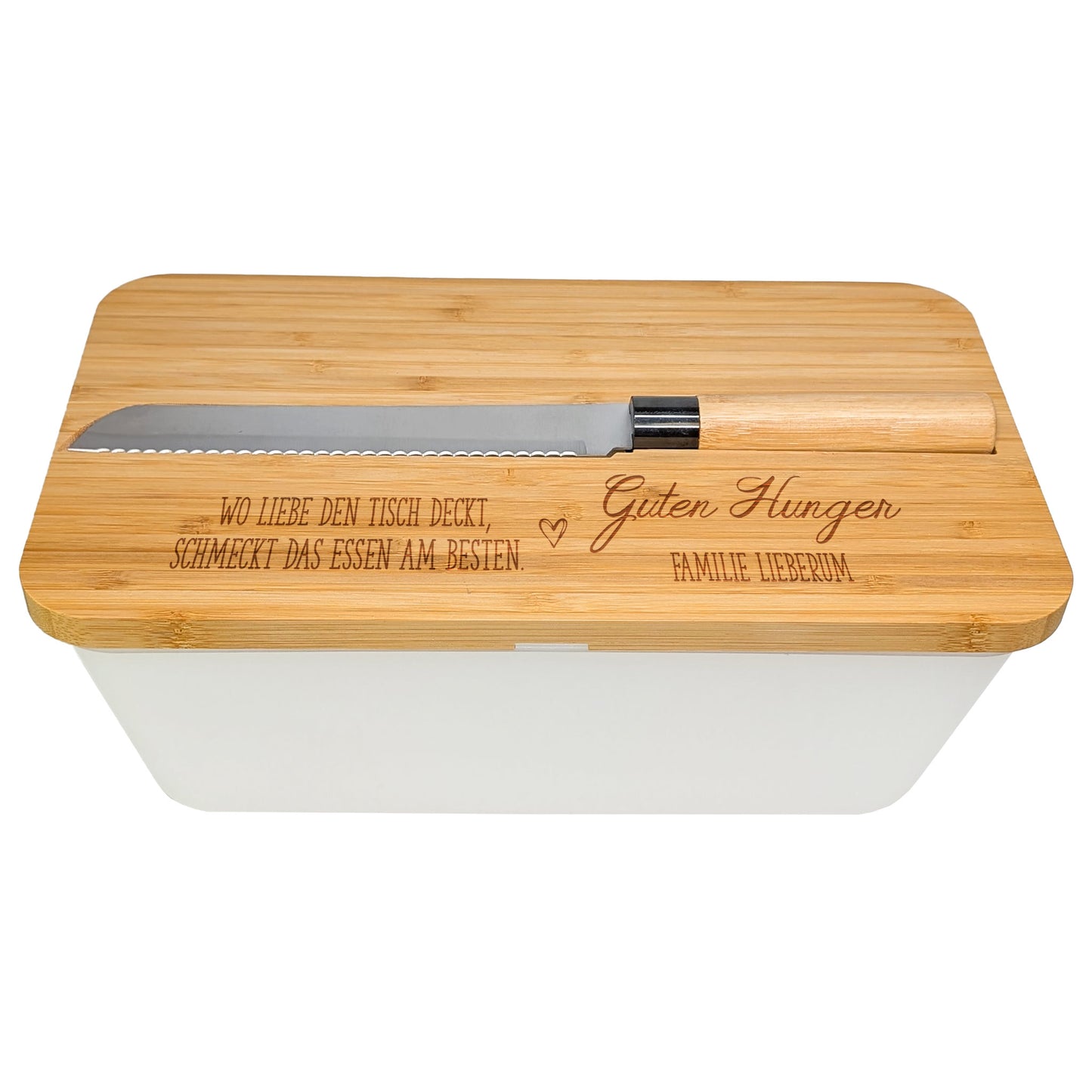 Brotkasten mit Gravur und Wunschtext, Bambusdeckel als Schneidebrett genutzt