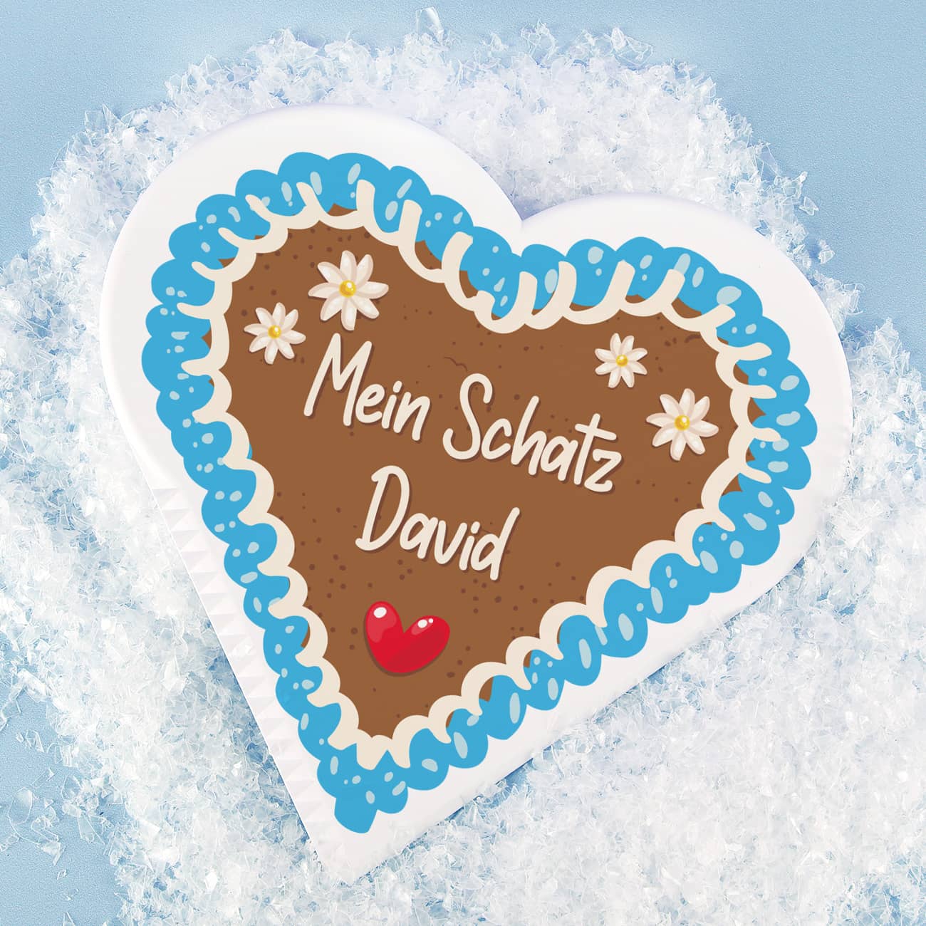 Eiskratzer in Herzform mit Lebkuchen-Motiv und zwei Zeilen Text nach Wunsch