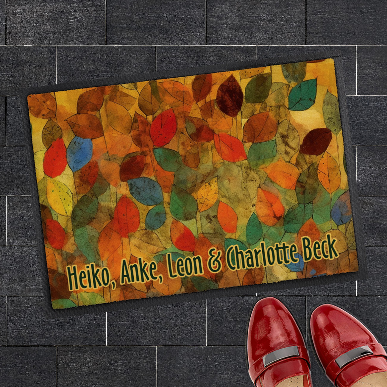 Herbst Fußmatte mit Herbstlaub und Wunschtext 