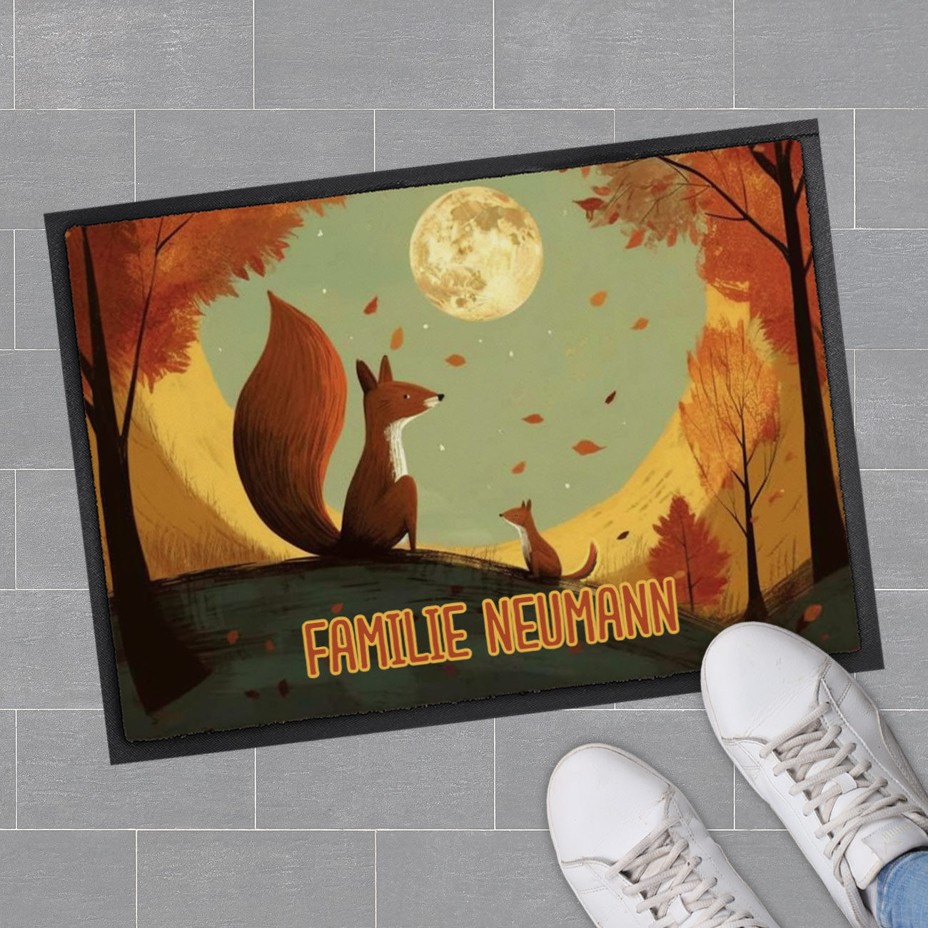 Herbst Fußmatte mit Eichhörnchen und Wunschtext 