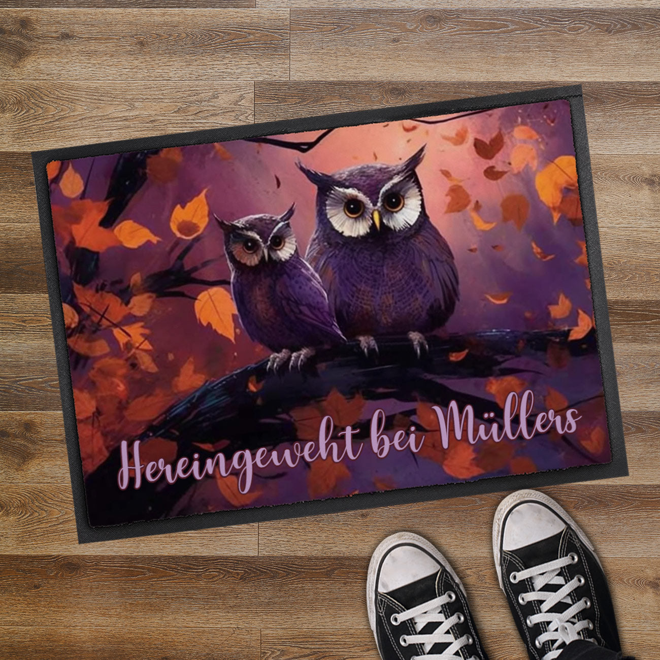 Herbst Fußmatte mit Eulenmotiv und Wunschtext 