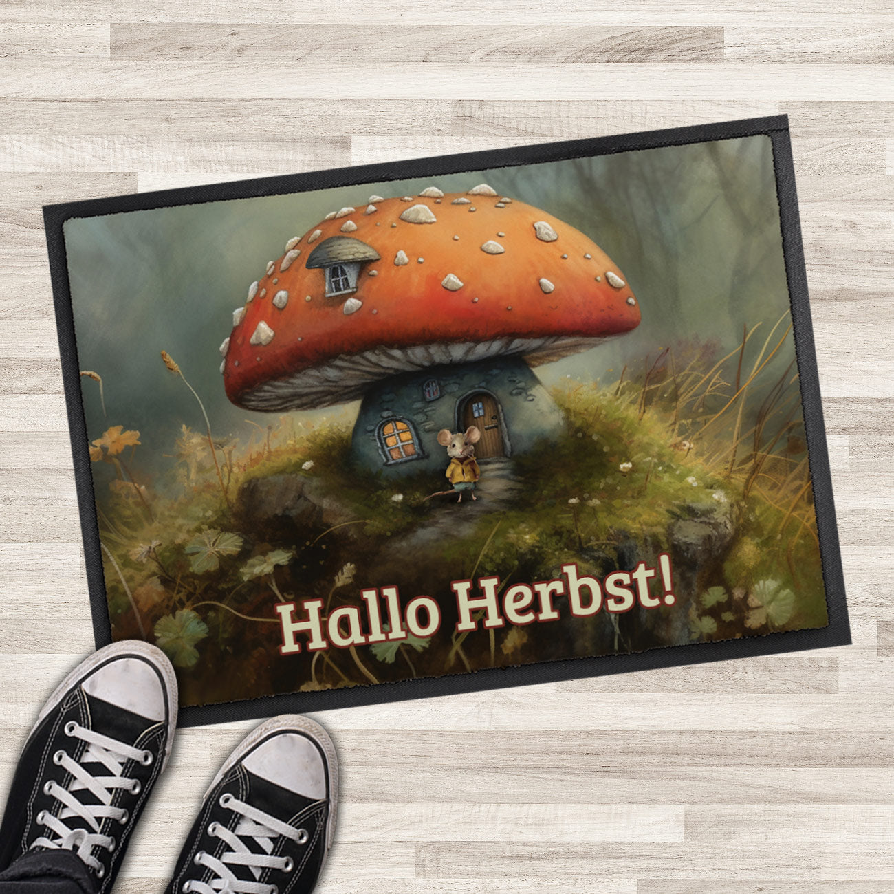 Herbst Fußmatte mit Pilz, Maus und Wunschtext 