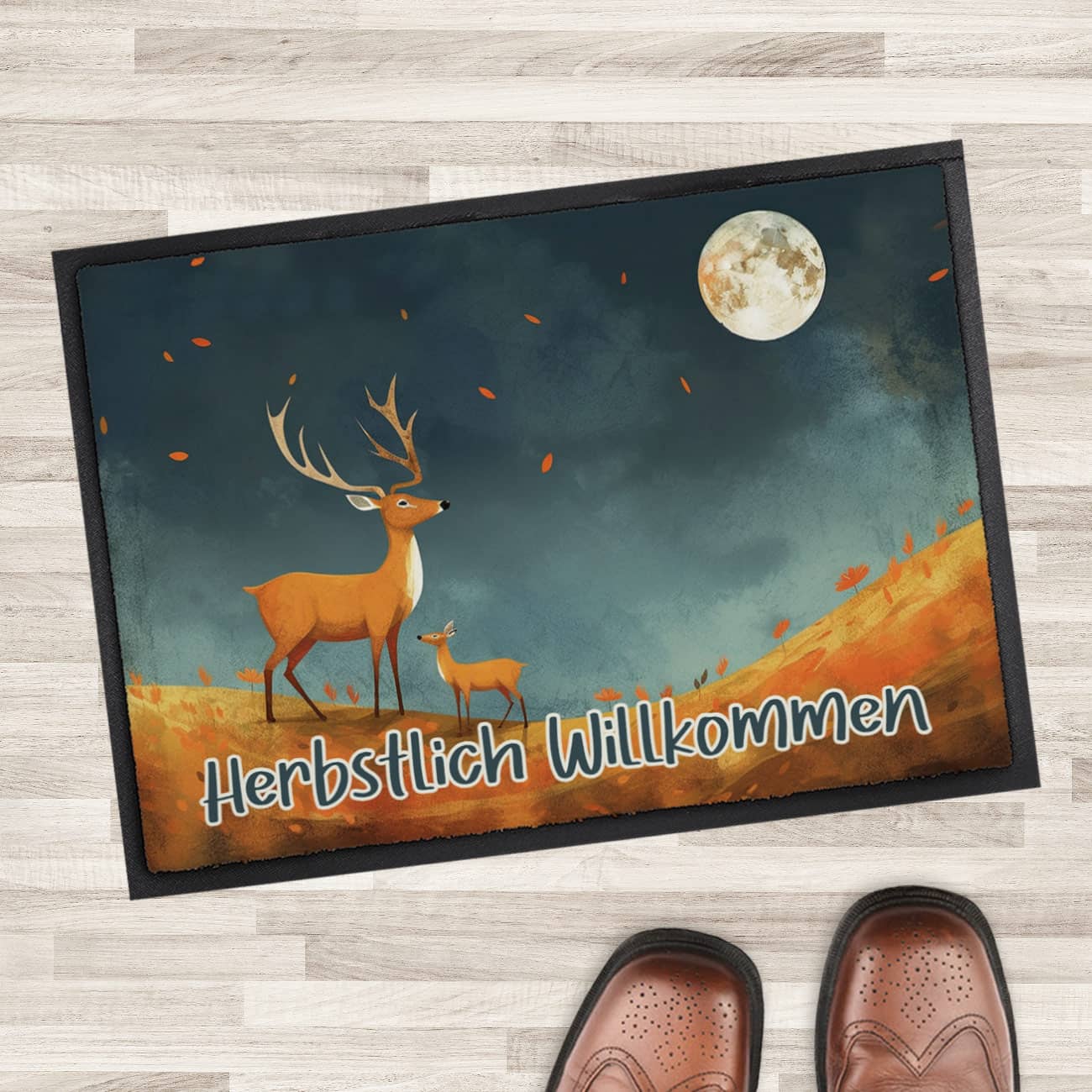 Herbst Fußmatte mit Hirschmotiv und Wunschtext 