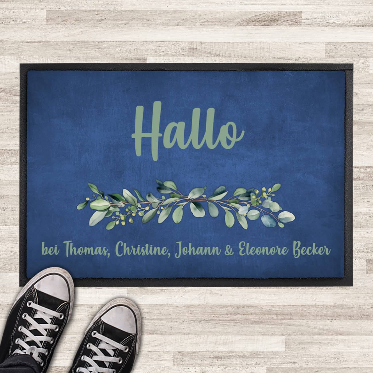 Eukalyptus-Fußmatte in blau mit Ihrem Text persönlich bedruckt