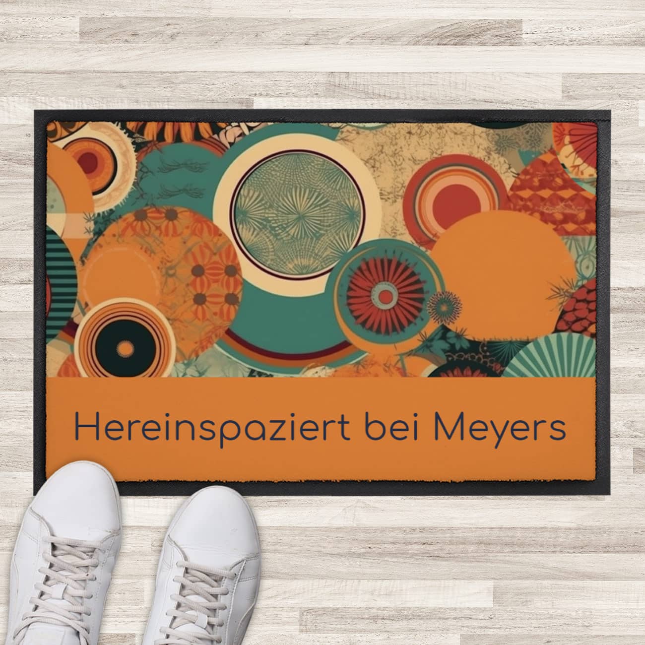 Bunte Fußmatte im Boho-Stil mit Wunschtext 
