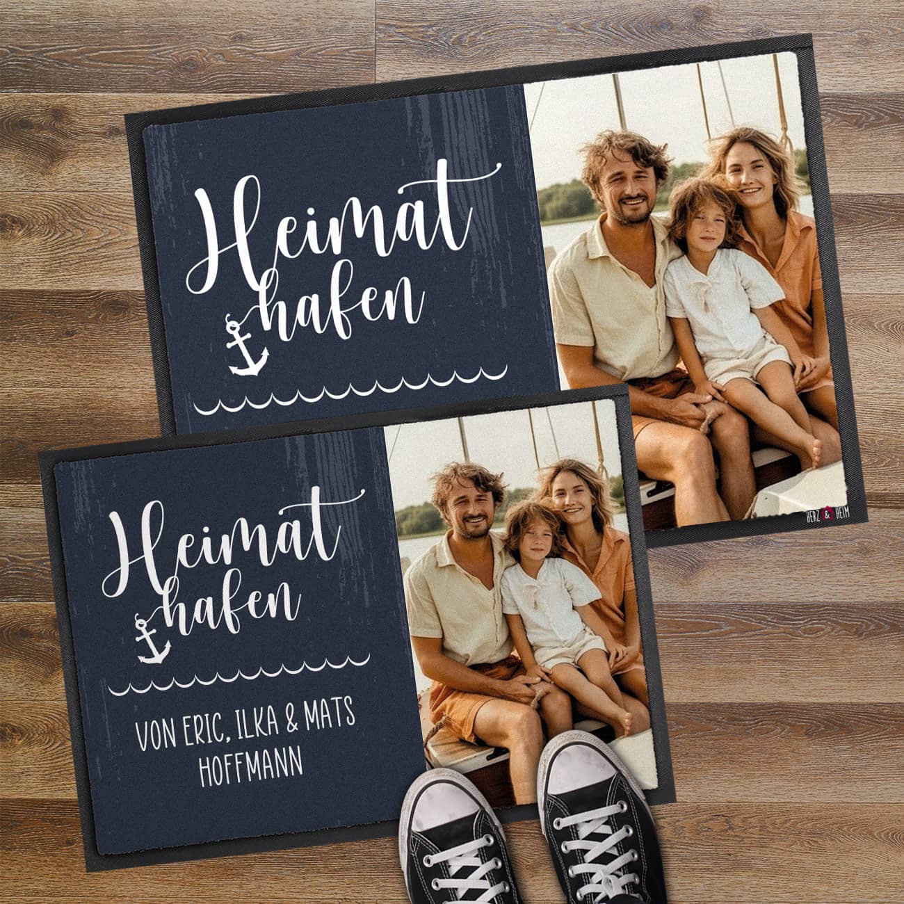 Persönliche Heimathafen Fußmatte in 2 Größen mit Foto und Text