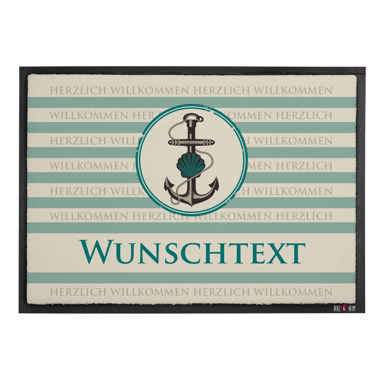 Maritime Fussmatte mit Wunschtext und Herzlich Willkommen Schriftzug