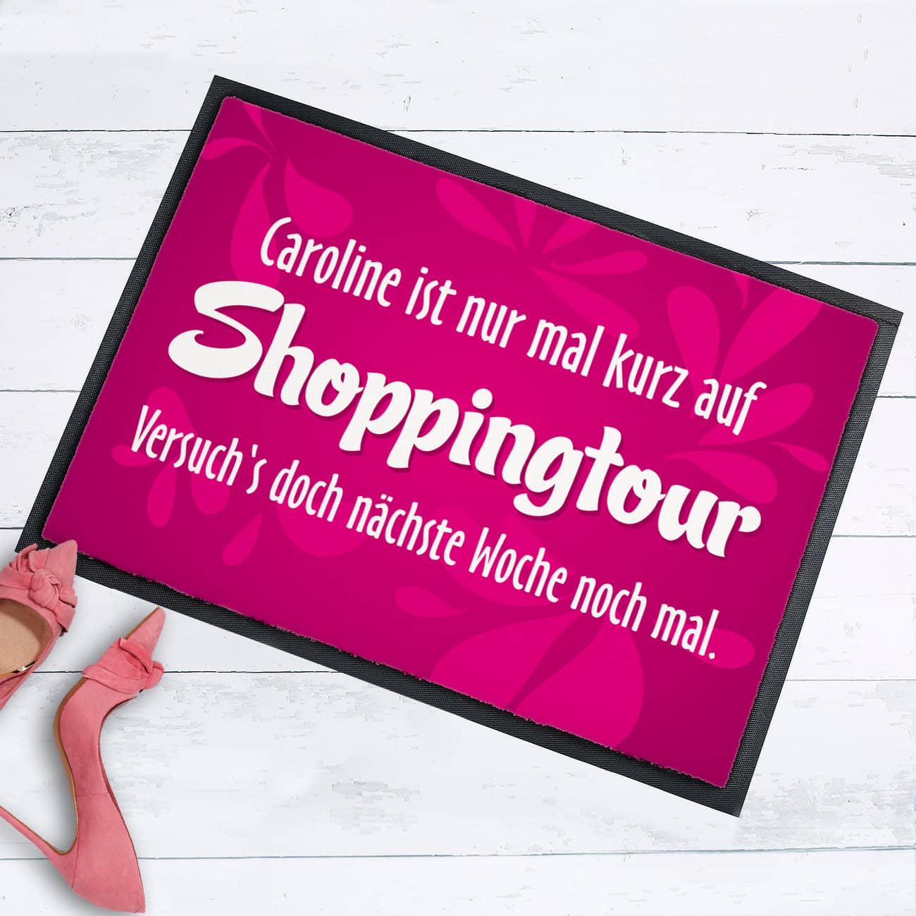 Pinkfarbene Fussmatte mit ihrem Wunschtext 