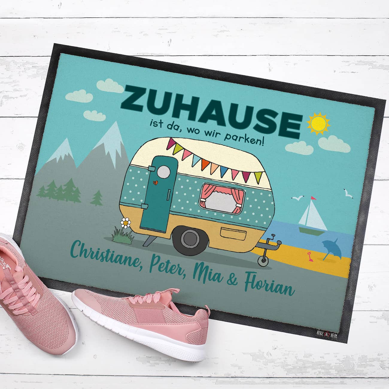 Camper-Fußmatte mit Wohnwagen und Wunschtext