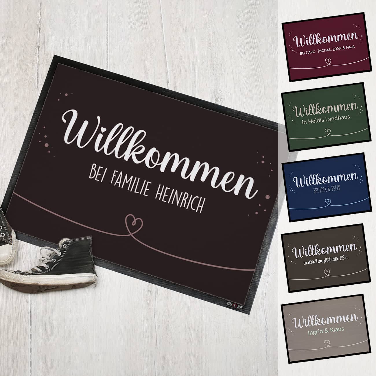 Willkommen Fußmatte mit Herz und Wunschtext