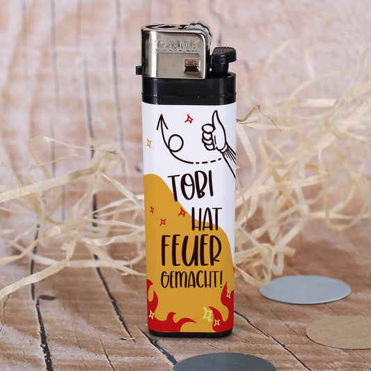 Ich habe Feuer gemacht! - Feuerzeug mit Namensaufkleber