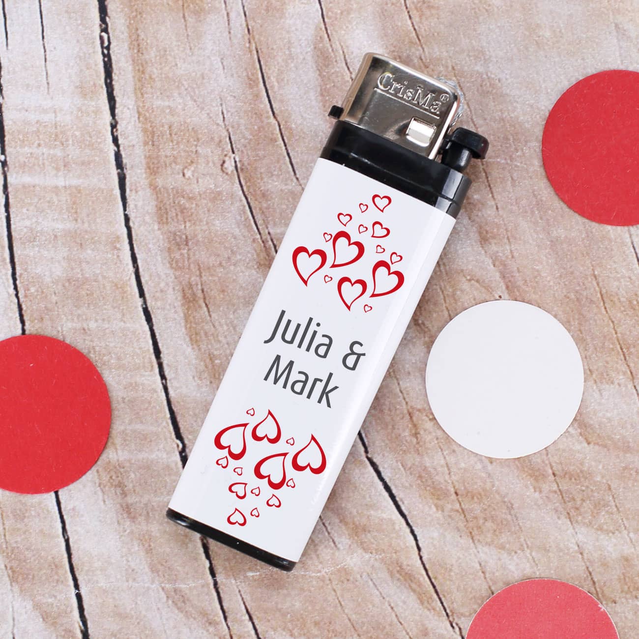 Feuerzeug mit Namensaufkleber als persönliches Gastgeschenk