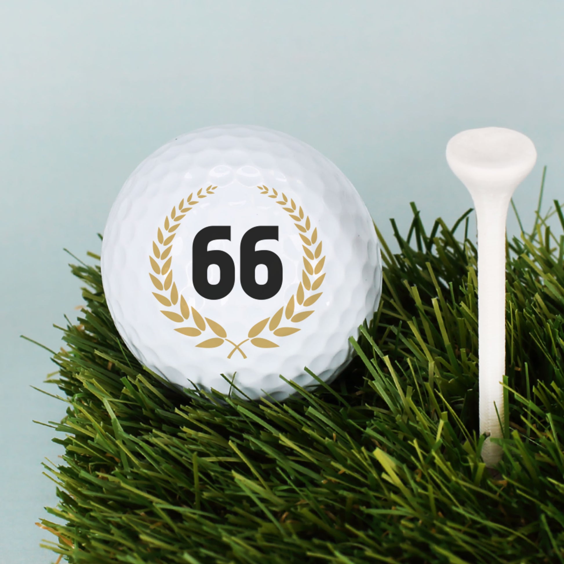 Golfball mit Zahl 66 im goldenen Lorbeerkranz auf Rasen neben Golftee