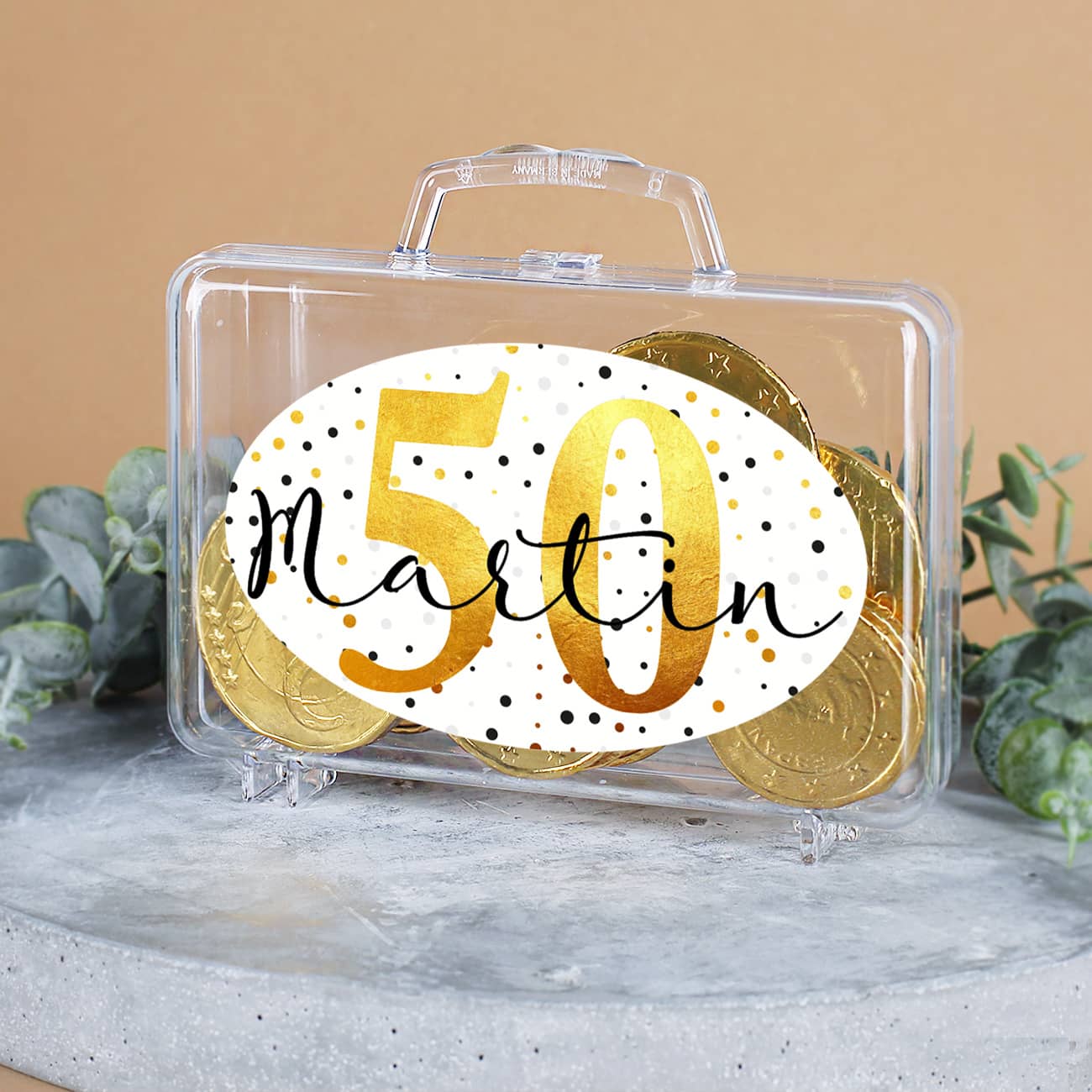 Geldkoffer mit Schokomünzen zum Geburtstag mit personalisiertem Druck