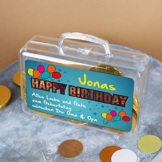 Kleiner Geldkoffer Happy Birthday mit Namen und Glückwunschtext