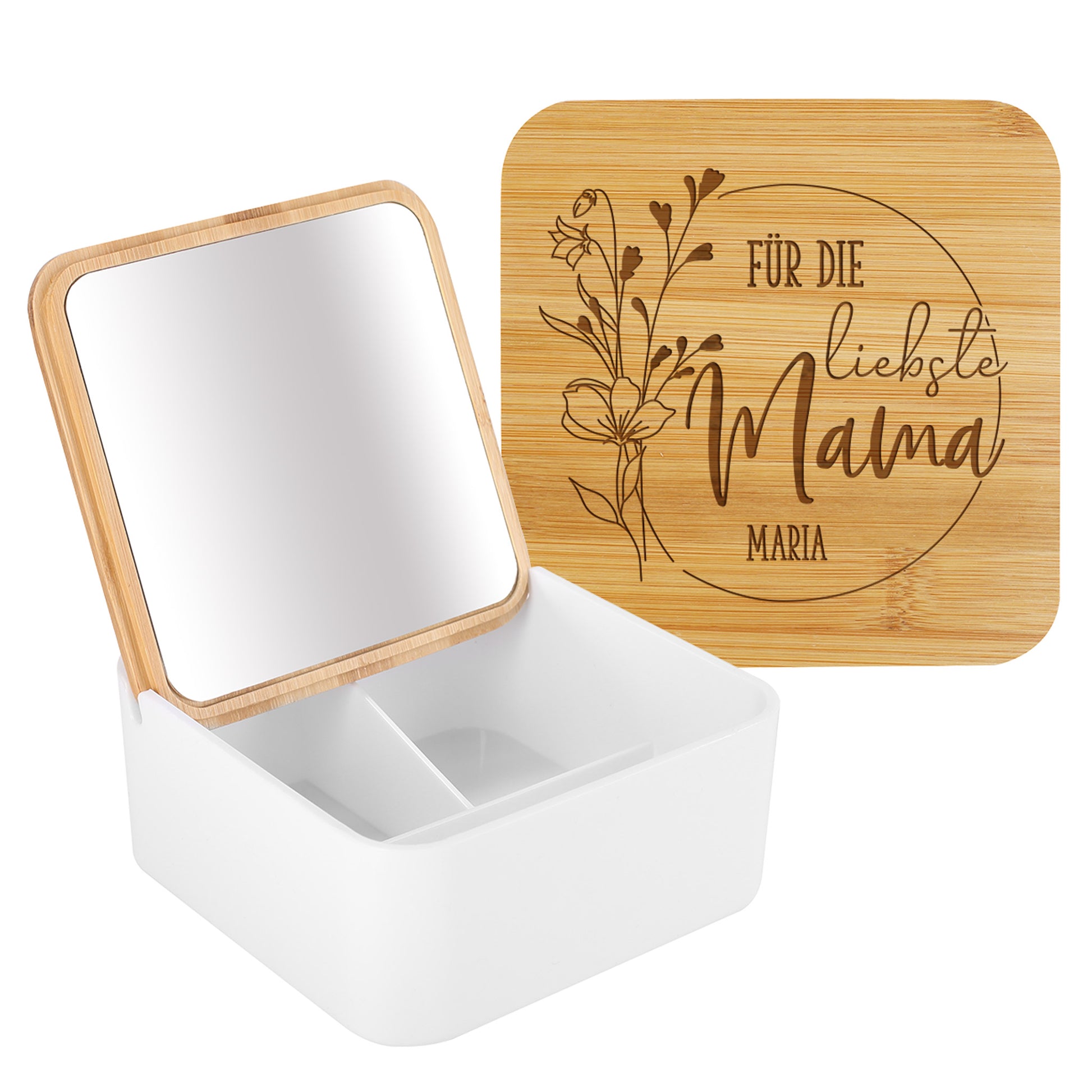 Personalisierter Schmuckkasten in Weiß mit Bambusdeckel, Gravur „Für die liebste Mama“ und Name freigestellt auf weißem Hintergrund.