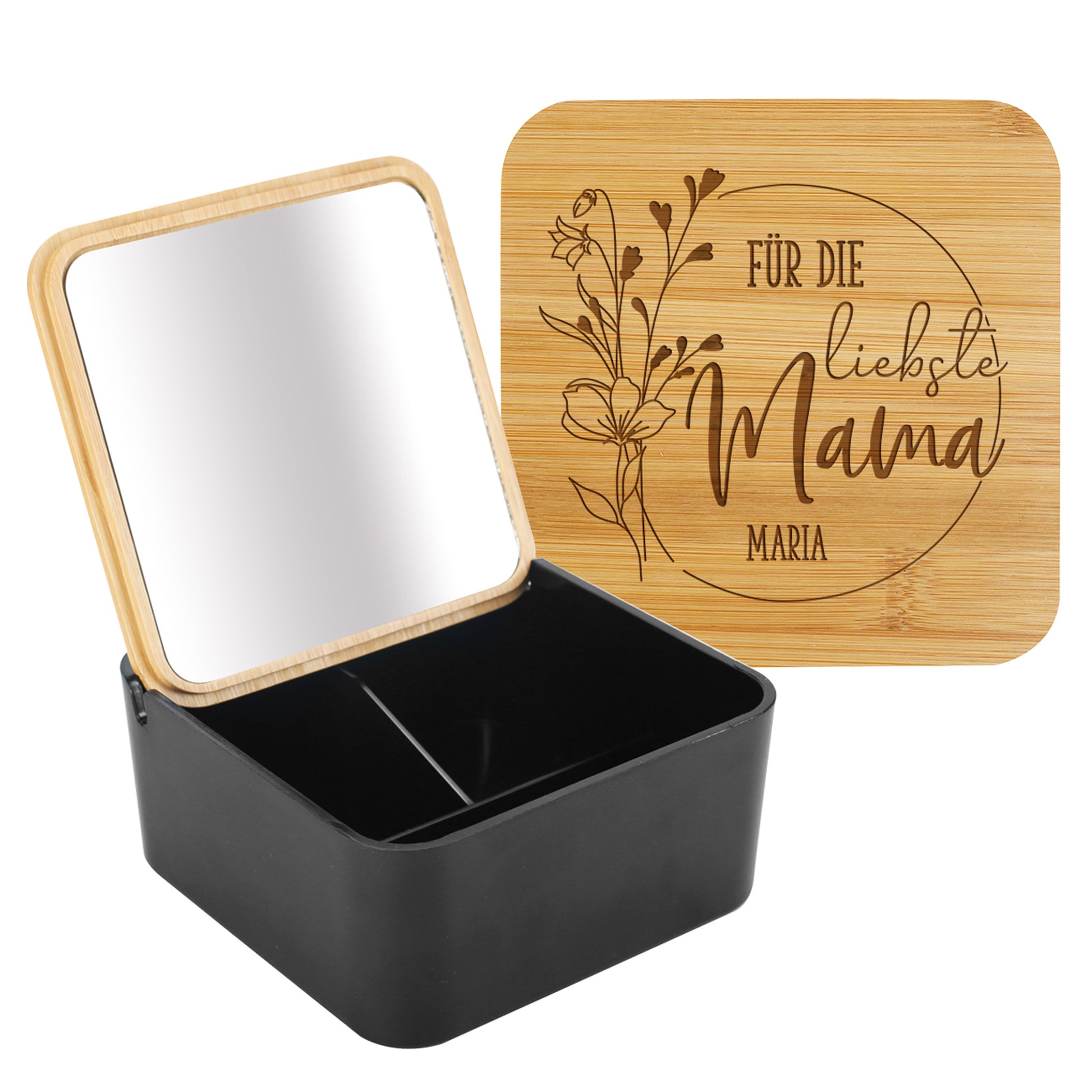 Personalisierter Schmuckkasten in Schwarz mit Bambusdeckel, Gravur „Für die liebste Mama“ und Name freigestellt auf weißem Hintergrund.