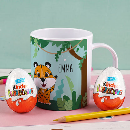 Kunststofftasse mit Dschungelmotiv, Tiger, Tucan und Ihrem Wunschnamen