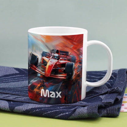 Kunststofftasse mit Rennwagen und Wunschname bedruckt