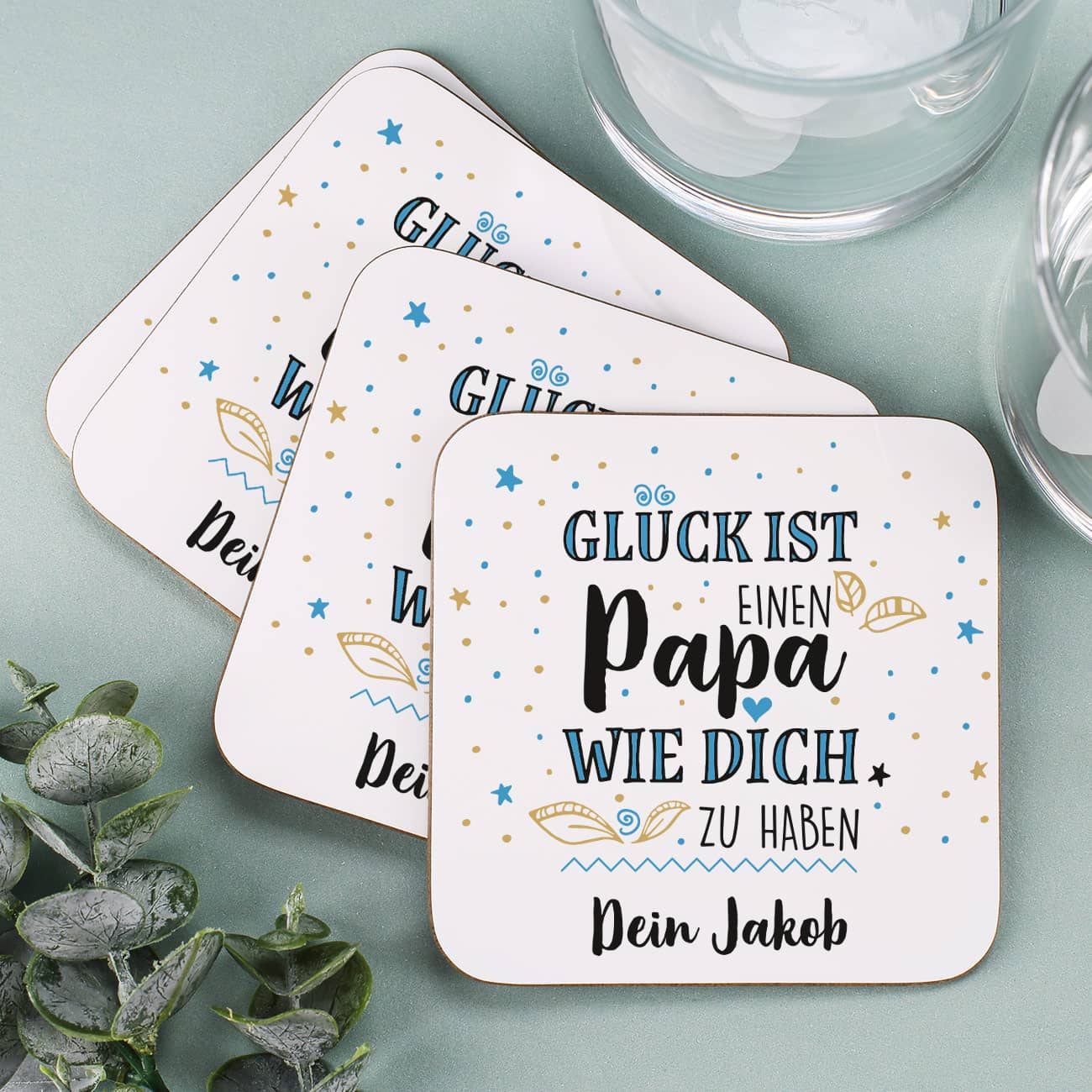 quadratischer Untersetzer im 4er-Set oder einzeln zum Vatertag mit Wunschtext