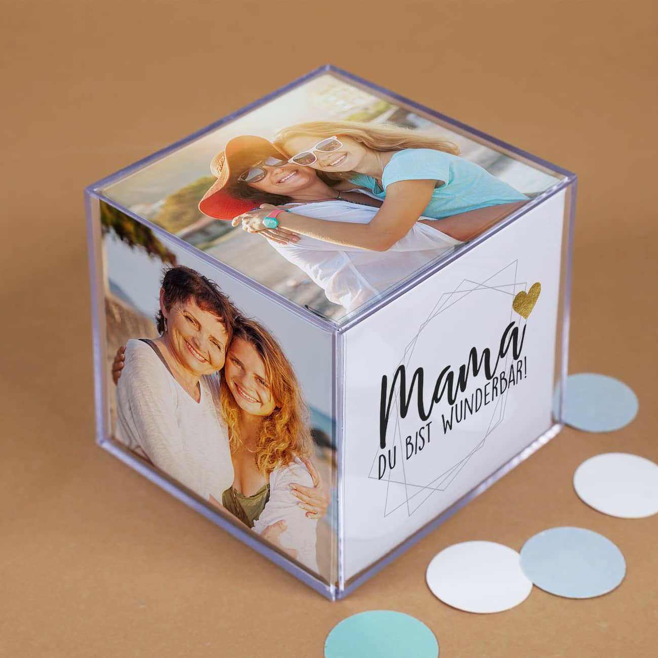 Geschenk für Mama als Fotowürfel mit 5 Fotos und einem Spruch