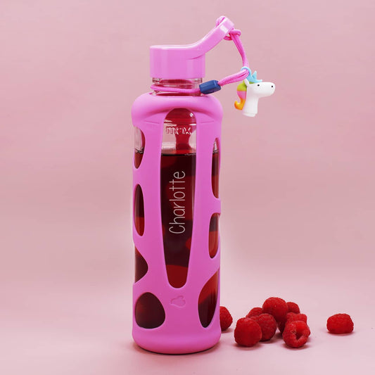 Trinkflasche für Kinder in rosa mit Einhornanhänger