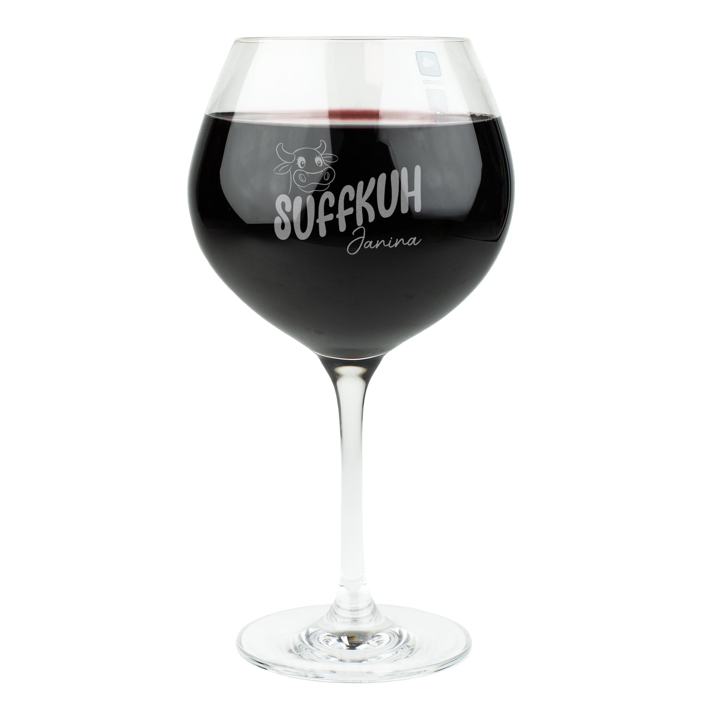 Leonardo Burgunderglas mit Gravur „Suffkuh“ und Name Janina – humorvolles personalisiertes Weinglas mit Gravur, gefüllt mit Rotwein, freigestellt auf weißem Hintergrund.