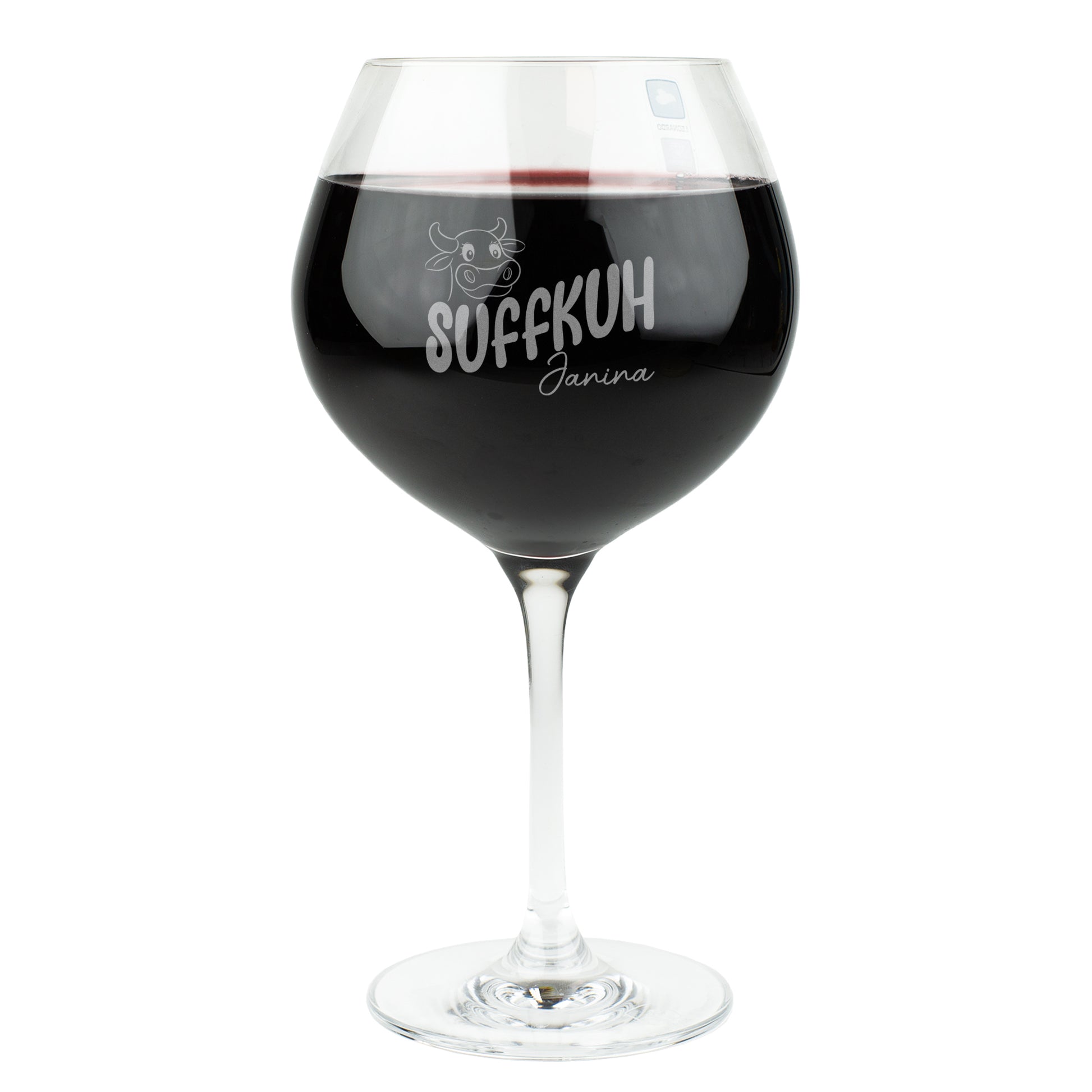 Leonardo Burgunderglas mit Gravur „Suffkuh“ und Name Janina – humorvolles personalisiertes Weinglas mit Gravur, gefüllt mit Rotwein, freigestellt auf weißem Hintergrund.