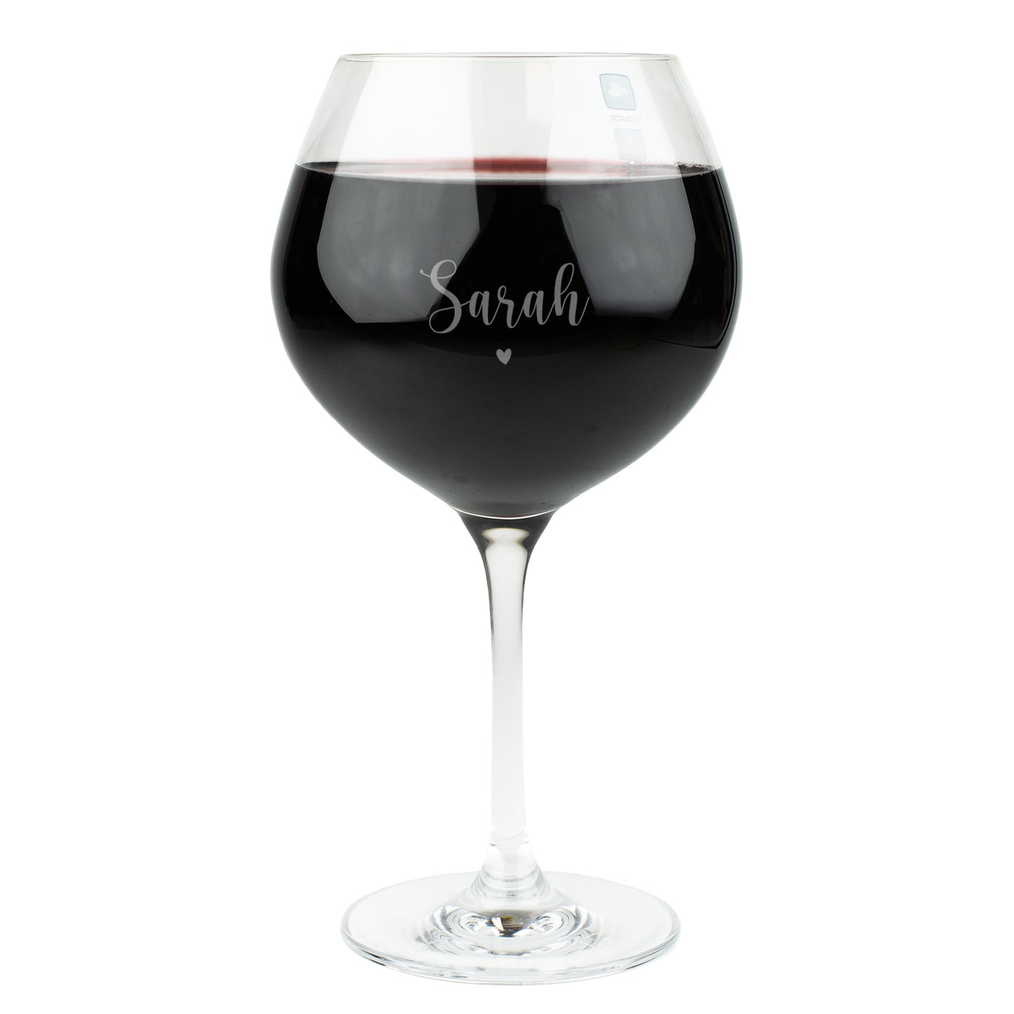 Freigestelltes Burgunderglas von Leonardo mit Gravur „Sarah“ und Herzmotiv – klassisches Weinglas mit runder Form und personalisierter Gravur, ideal als Geschenk für Weinliebhaber.