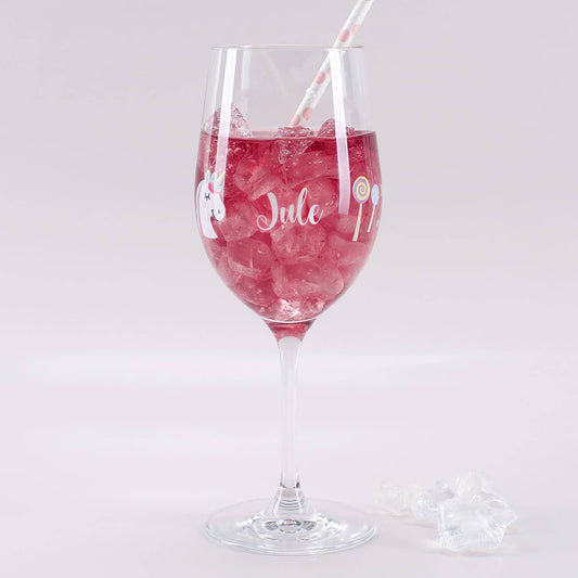 Weinglas mit EInhorn und Ihrem Wunschnamen bedruckt