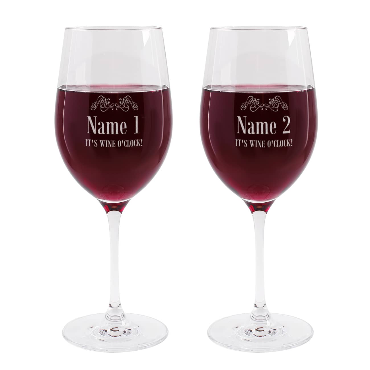 2 gravierte Weingläser It's Wine O'Clock mit Wunschnamen