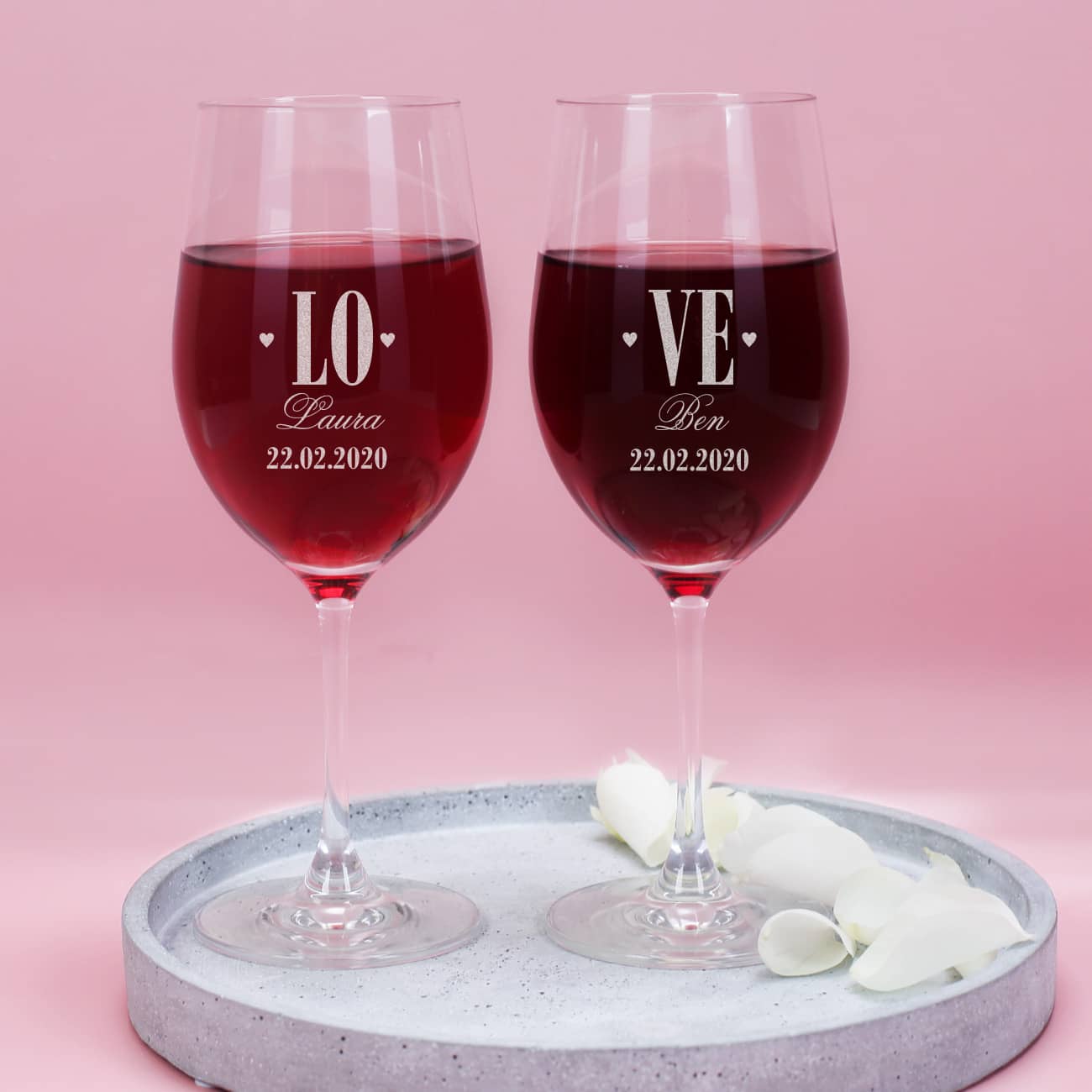 Rotweinglas Set Love mit Herzen und Gravur
