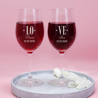 Rotweinglas Set Love mit Herzen und Gravur