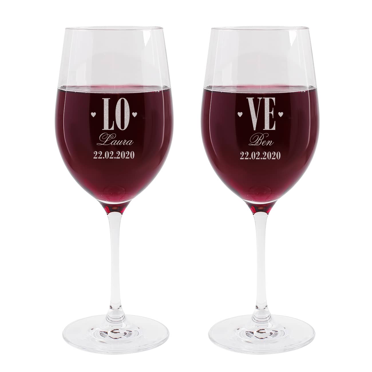 Rotweinglas Set Love mit Herzen und Gravur