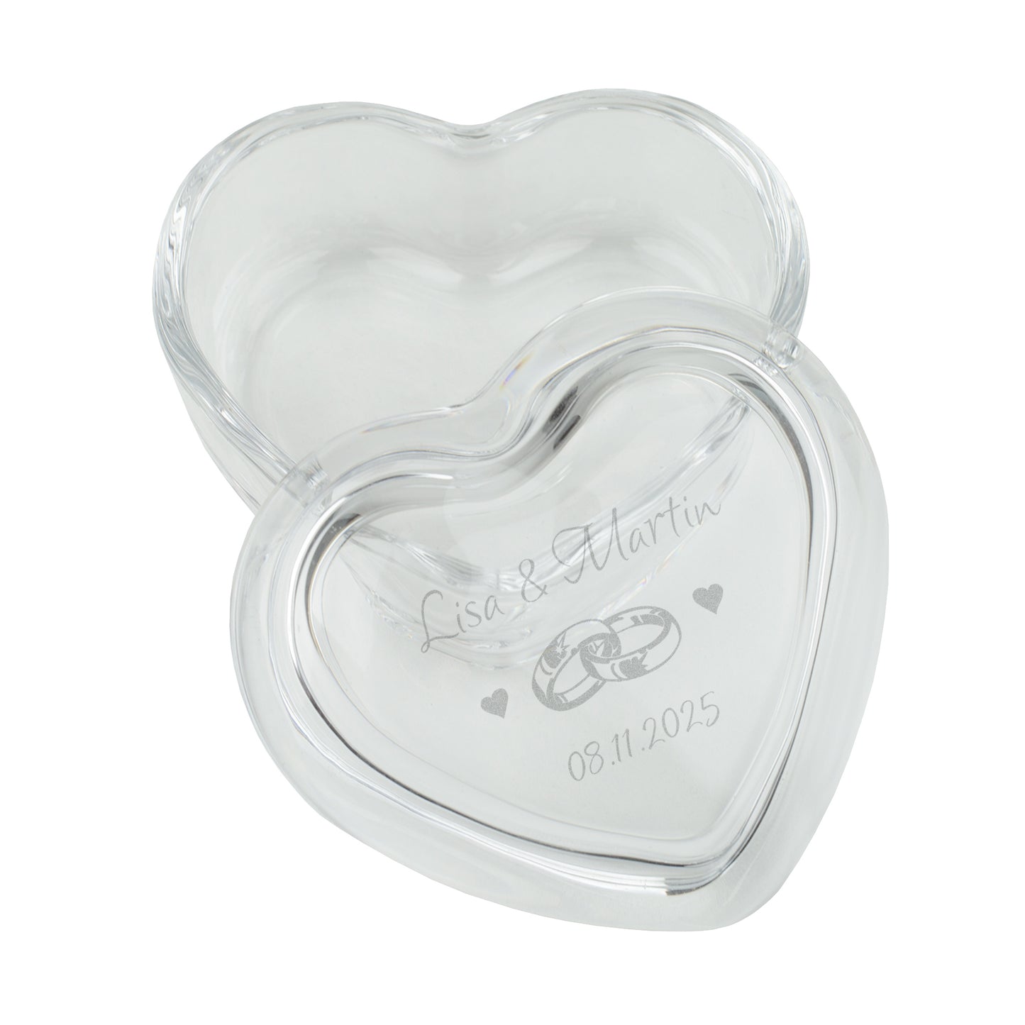 Leonardo Herzdose aus Glas mit gravierten Namen und geöffnetem Deckel