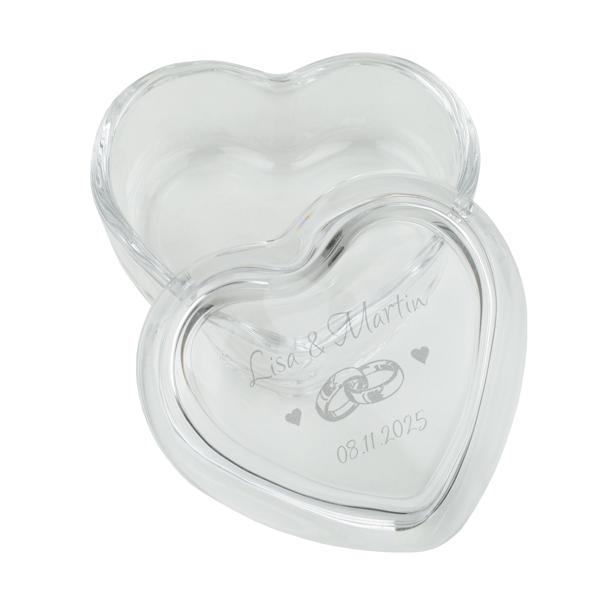 Leonardo Herzdose aus Glas mit gravierten Namen und geöffnetem Deckel